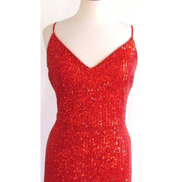 Designer Premier Amour Red Sequin Midi Length Spaghetti Strap Pencil Dress 16.R - Picture 13 of 16